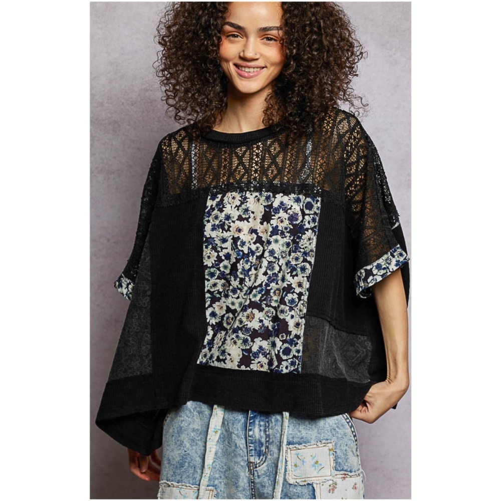 POL Floral Print Semi Sheer Short Sleeve Loose Fit Top